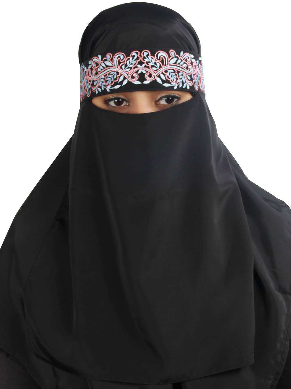 Aqeelah Black Crepe Embroidered Niqab - Islamic Face Veil for Women | Modest Muslim Hijab Accessory | Perfect for Prayer, Ramadan, and Special Occasions