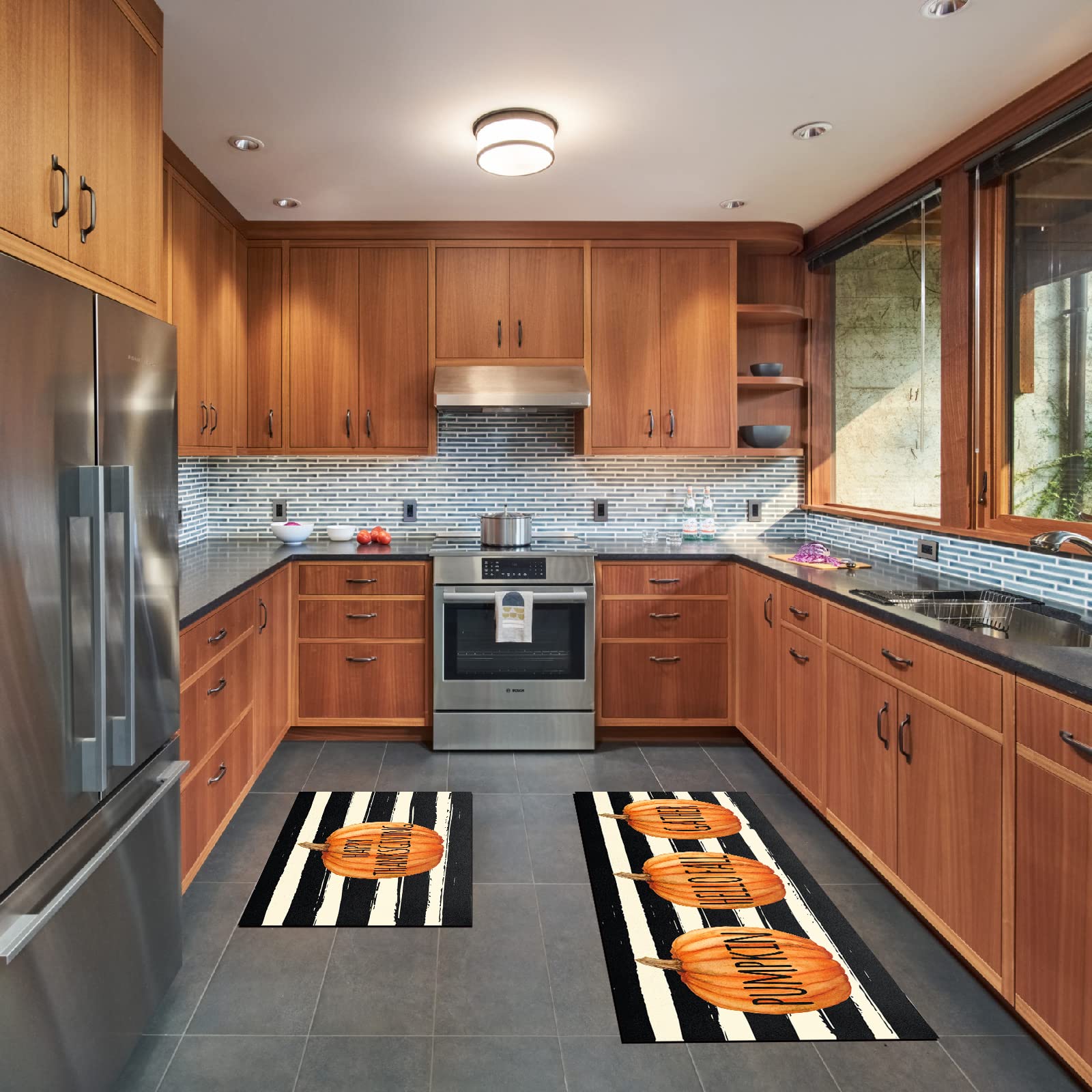 Premium Non-Slip Fall Pumpkin Kitchen Mat Set of 2 - Thick Cushioned Floor Rugs for Comfortable Standing (17