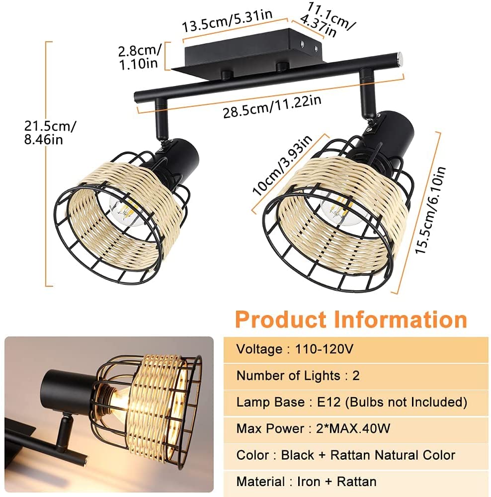 Depuley 2-Way Adjustable Spotlight Ceiling Light with Swivel Heads - Hollow Design Iron Rattan Lampshade - Modern Black Spot Lights for Kitchen, Living Room, Bedroom - Perfect for Ambient & Task Lighting