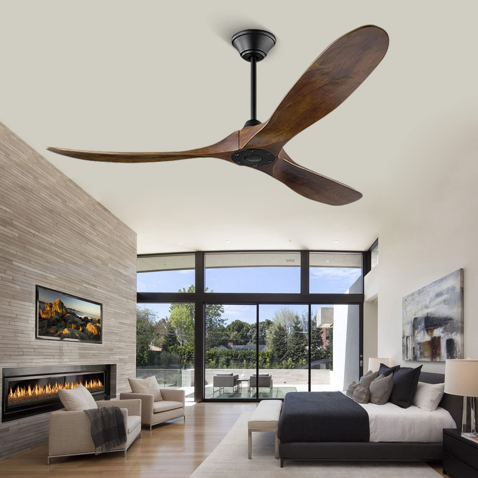 60 Inch Outdoor Ceiling Fan No Light - 3 Blade Solid Wood Modern Farmhouse Ceiling Fan with Remote Control - Ideal for Patio, Porch, Exterior & High/Low Sloped Ceilings