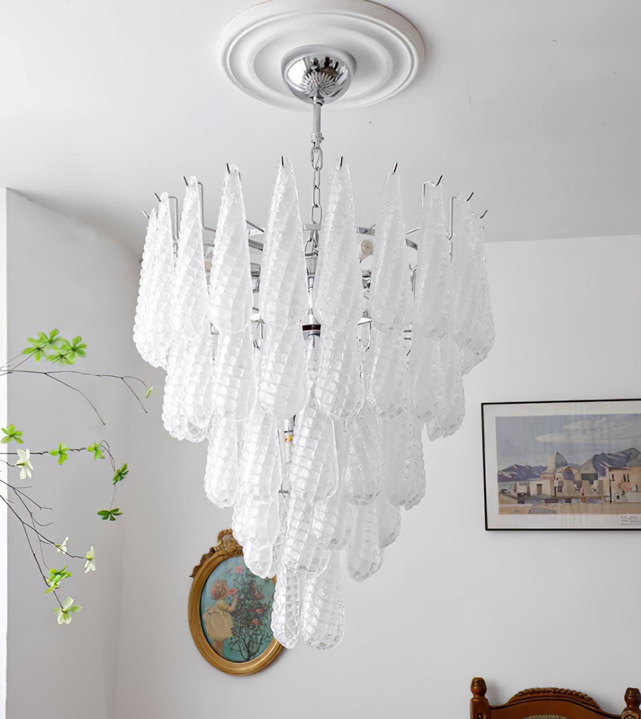Modern Grid Glass Waterfall Chandelier - Elegant LED Ceiling Light Fixture for Dining Room, Living Room, Bedroom & Entryway | Dimmable Crystal Pendant Lighting for Home Decor