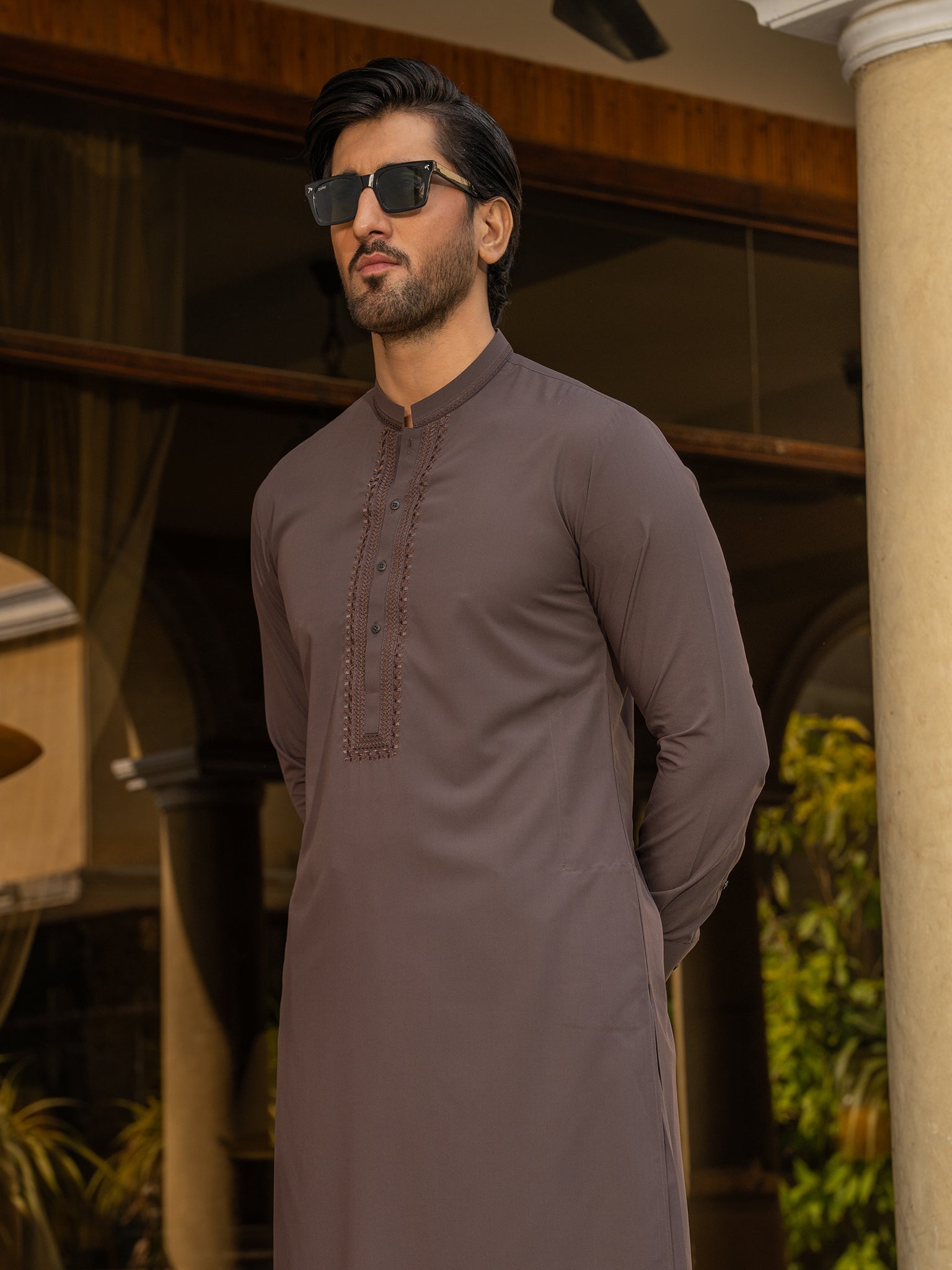 Blended Stripes Raisin Kurta Trouser Set by J. Junaid Jamshed - Stylish Pakistani Ethnic Wear for Men, Perfect for Eid, Weddings & Special Occasions