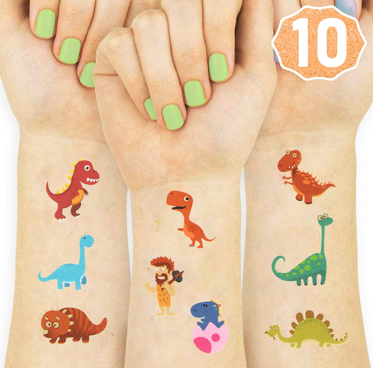 Dinosaur Temporary Tattoos for Kids - 10 Sheet Set | Waterproof Fake Tattoo Stickers for Hands, Arms & Body | Perfect for Birthday Parties, Halloween Costumes & Dress-Up Play