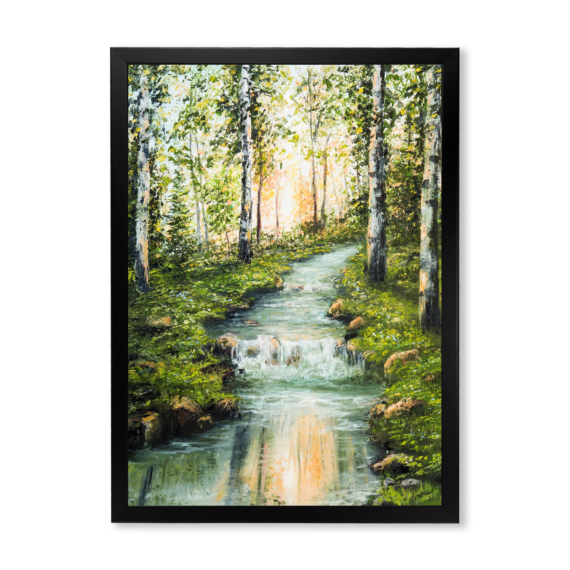 River Through Birch Forest Lake House Framed Wall Art - Nature Landscape Painting for Living Room, Bedroom & Office Decor