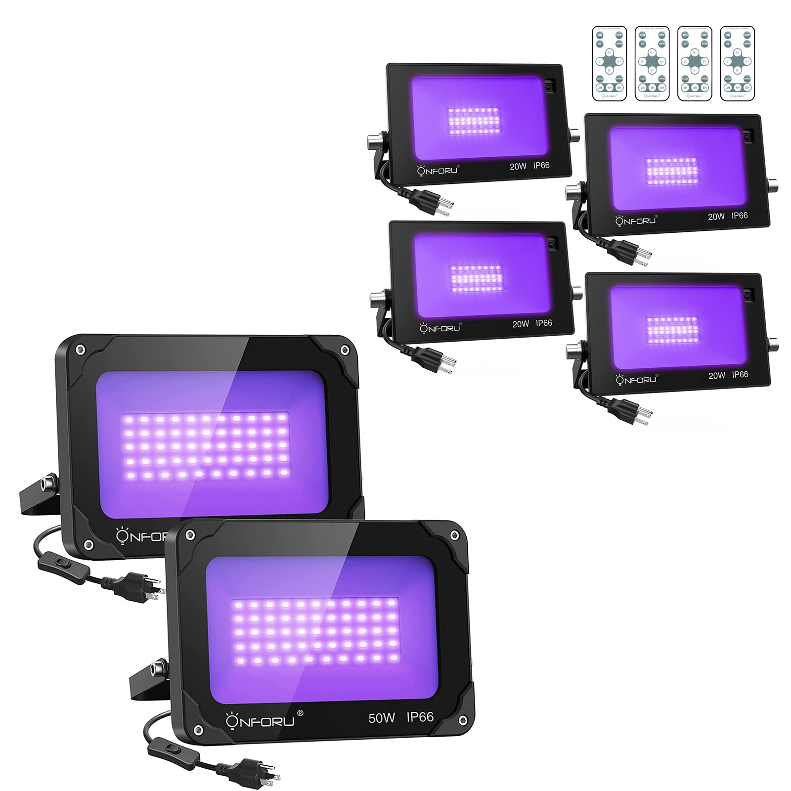 Onforu 4 Pack 20W LED Black Light Bulbs & 2 Pack 50W LED Black Light Fixtures - 6500K Daylight, IP66 Waterproof, with Plug & Switch - Perfect for Dance Parties, Glow in the Dark Events, UV Body Paint, Halloween Decorations & Neon Art Displays