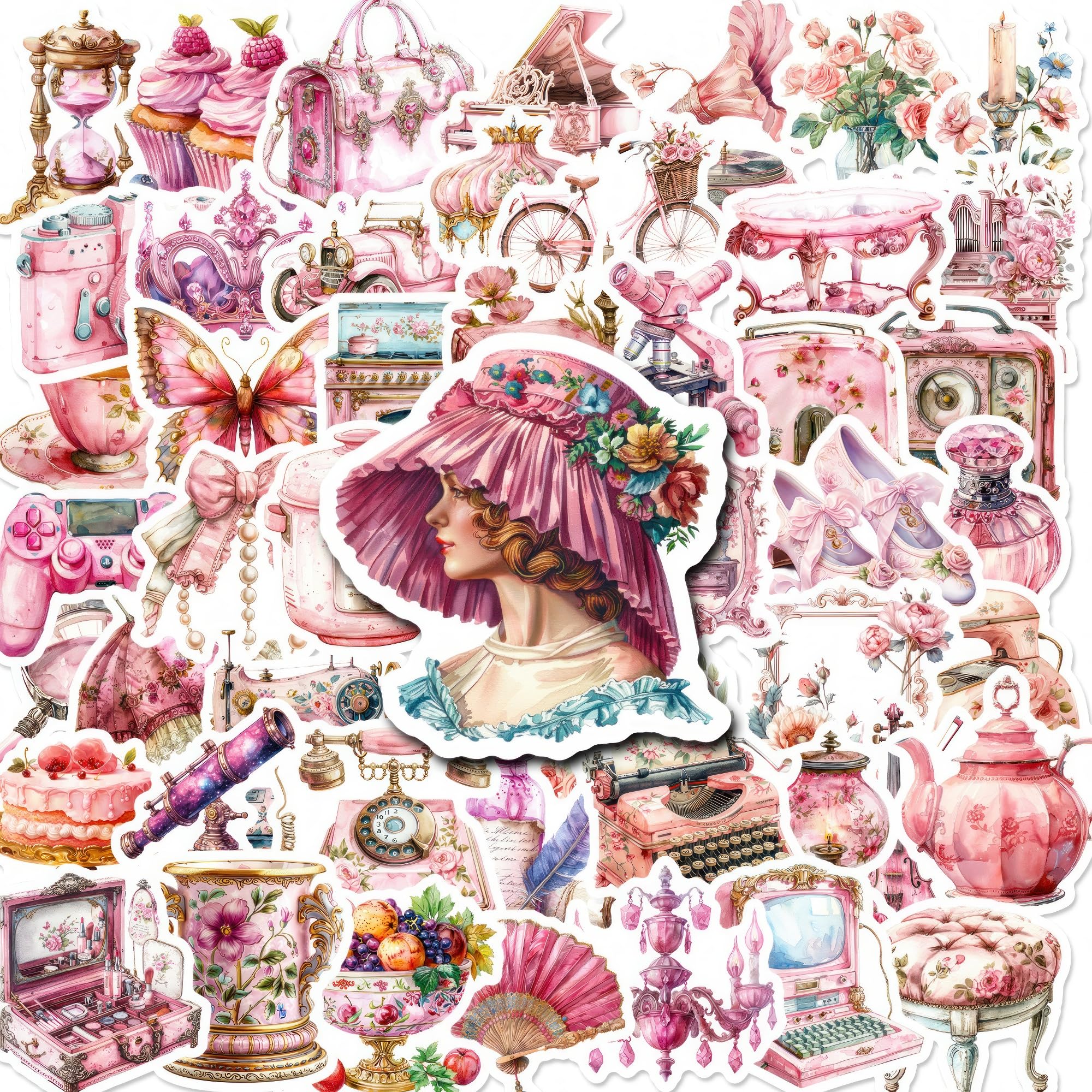 50Pcs Cute Pink Coquette Stickers - Kawaii Aesthetic Vintage Stickers for Adults, Waterproof Girly Stickers for Notebooks, Water Bottles, Bedroom Decor & Scrapbooking - Perfect for DIY Crafts, Journaling & Gift Wrapping