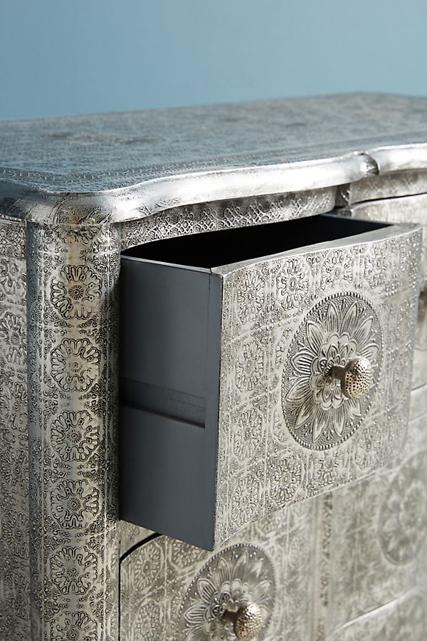 Hand Embossed 4-Drawer Dresser in German Silver | Vintage Metal Chest of Drawers for Bedroom, Living Room & Office Storage