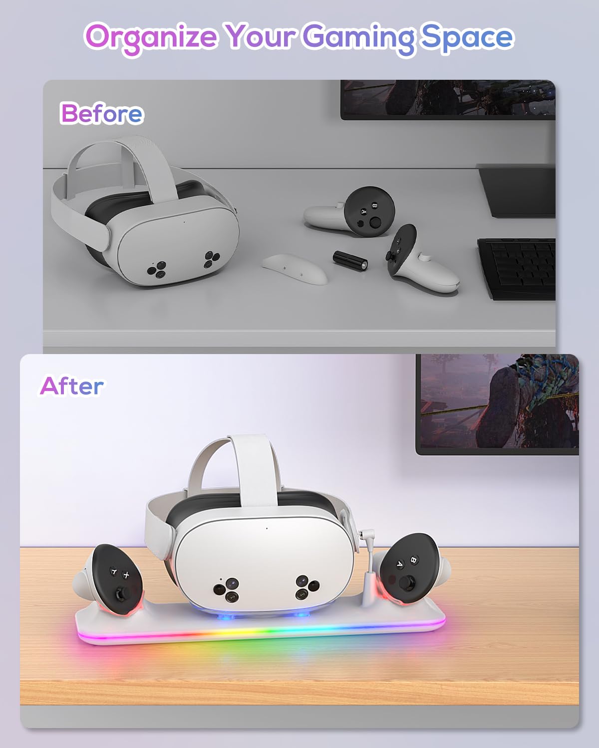 Meta Quest 3S/3 Charging Dock with RGB Lights - Magnetic Charging Station for Oculus Quest 3S/3 VR Headset & Controllers - Includes 2 Rechargeable Batteries - Perfect for Gaming, VR Entertainment & Home Theater Setup