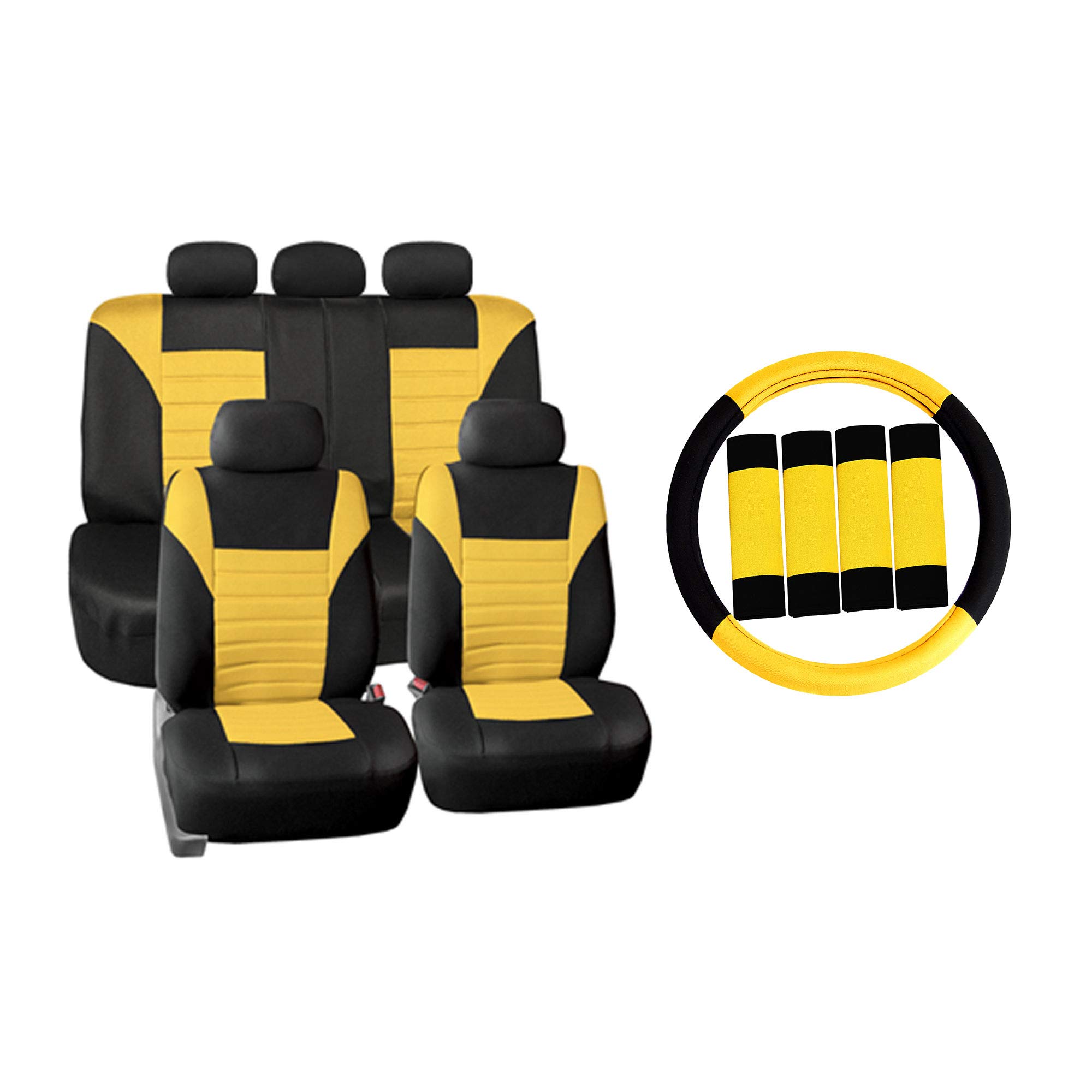 Premium 3D Air Mesh Car Seat Covers Full Set - Universal Fit for Cars, Trucks & SUVs | Airbag Compatible | Yellow Color with Steering Wheel Cover & Seat Belt Pads | Enhanced Comfort & Breathability for Long Drives, Road Trips & Daily Commutes