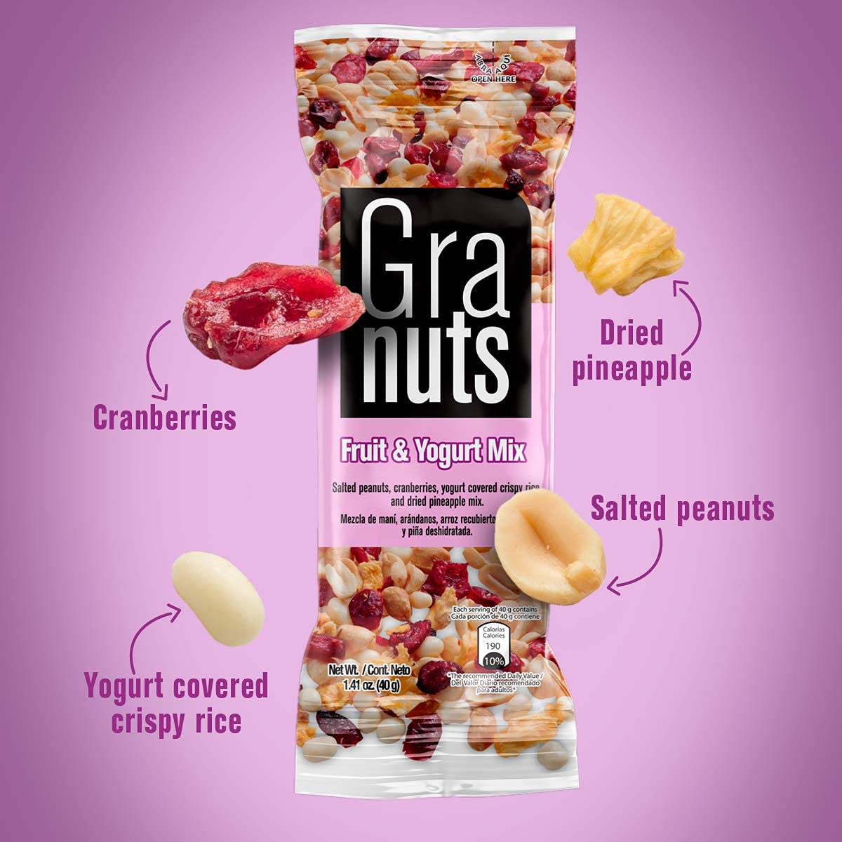 Granuts Fruit & Yogurt Mix - Crunchy Yogurt-Covered Rice with Peanuts, Cranberries & Pineapple - Healthy On-the-Go Snack - 4 Packs of 1.41 Oz (48 Individual Servings) - Perfect for Office, Hiking & Kids Lunchboxes