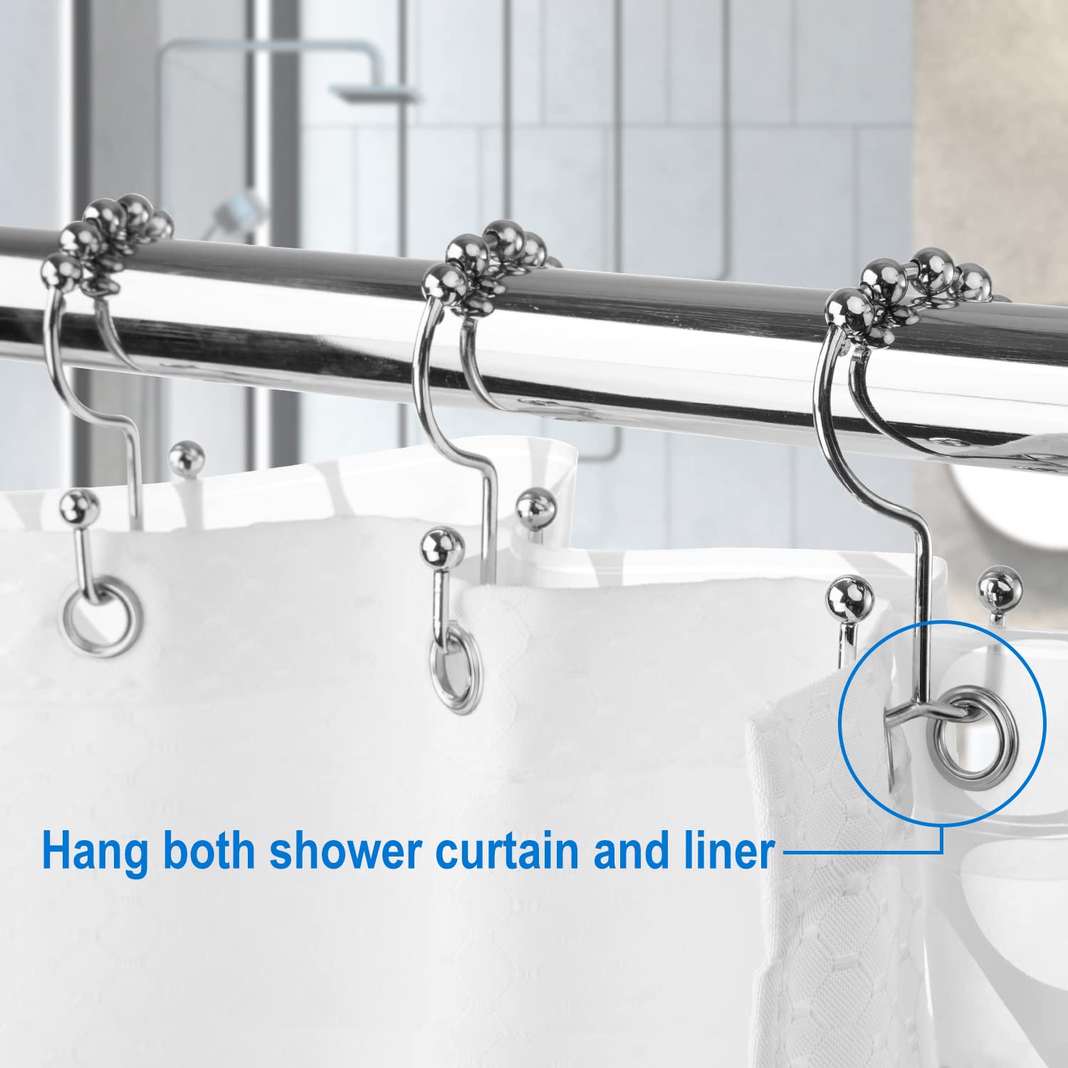 Stainless Steel Shower Curtain Hooks - Rust Proof Double Sided Bathroom Shower Rings (Set of 12) - Smooth Gliding Chrome Finish for Easy Curtain Movement - Perfect for Bathroom, Hotel, and Spa Decor