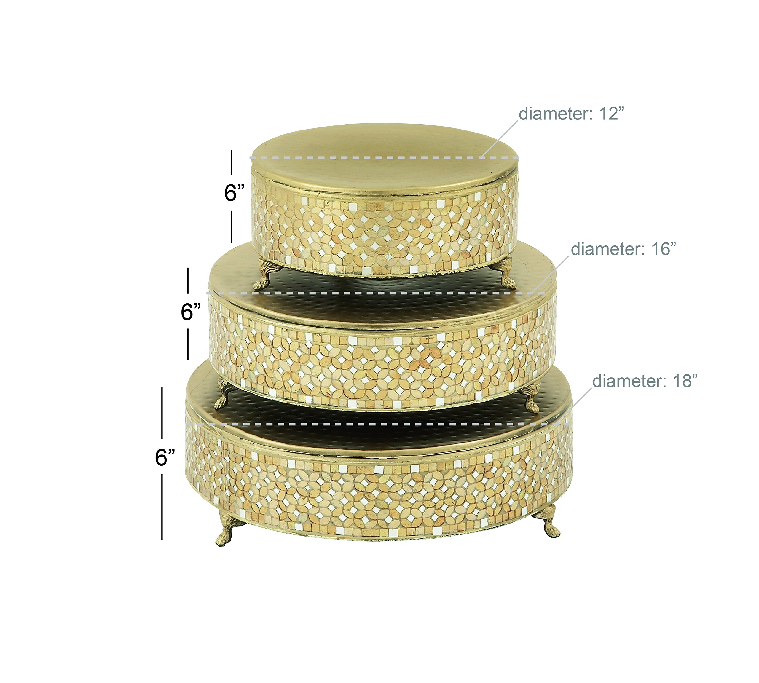 Deco 79 3-Tier Gold Metal Cake Stand Set with Mirrored Mosaic Patterns & Scrolled Feet - 19