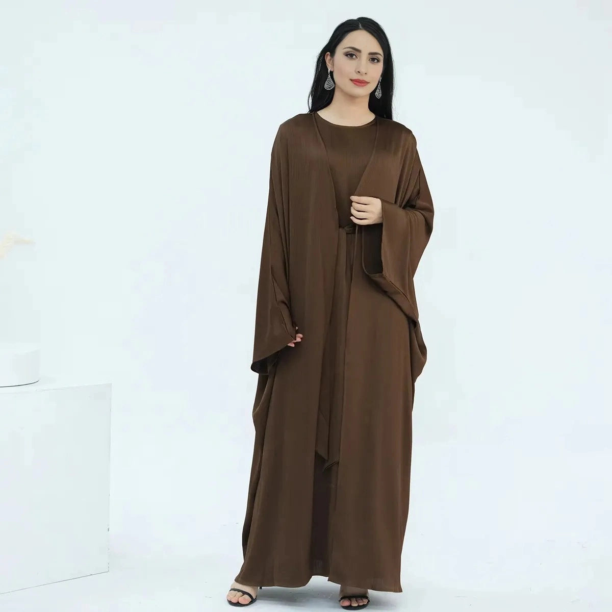 Wrinkle-Free Satin 2-Piece Open Abaya Dress Set #24806 - Elegant Muslim Prayer Dress for Women, Perfect for Special Occasions & Daily Wear