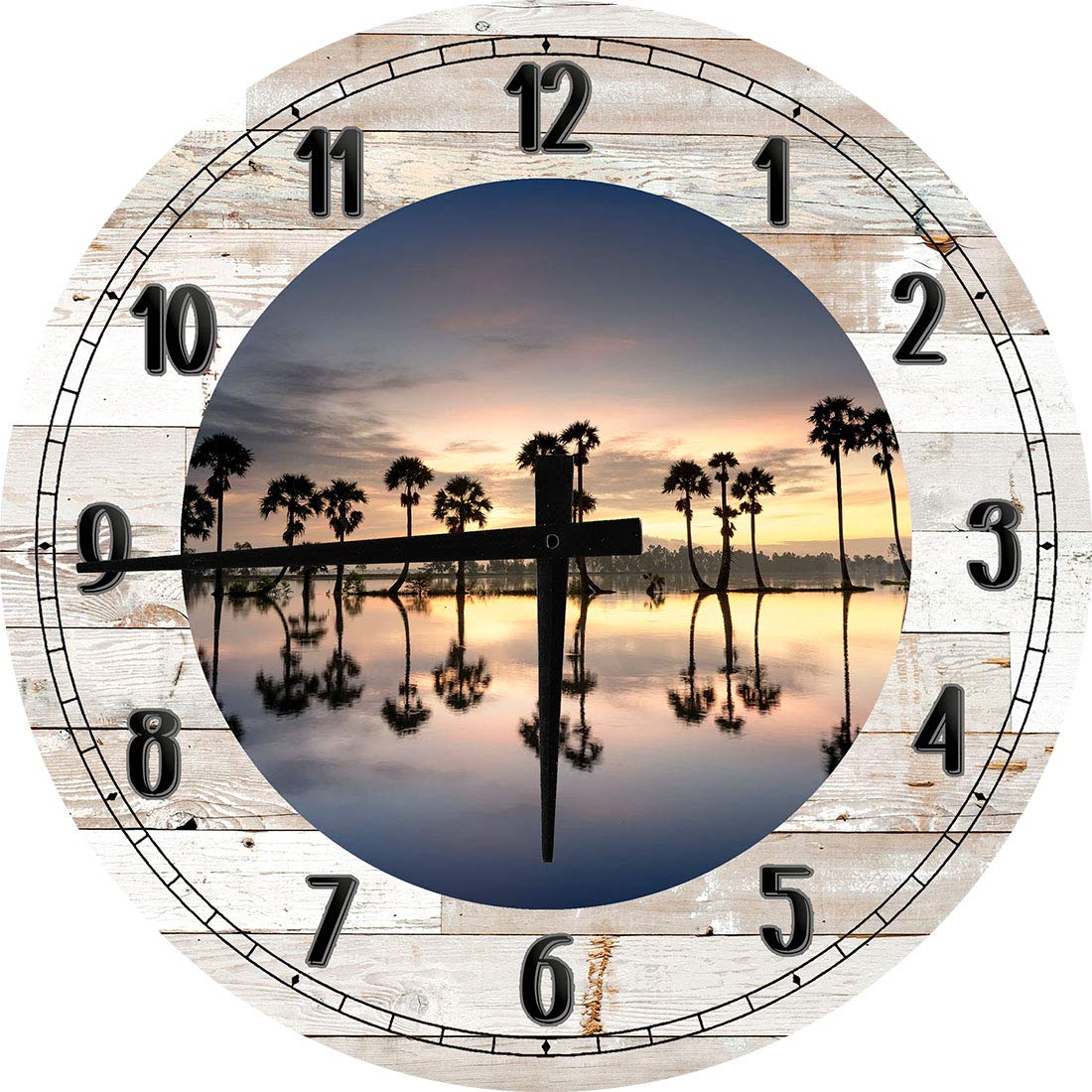 12 Inch White Coastal Beach Themed Wall Clock - Palm Trees Sunset Decor, Large Round Wooden Wall Art for Living Room, Bedroom, or Beach House Decor