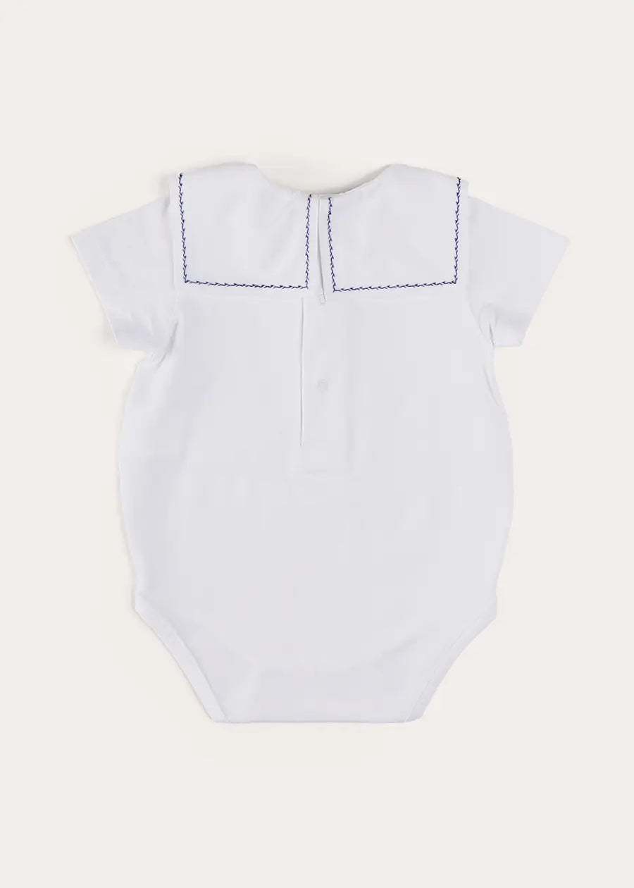 White Boat Embroidery Statement Collar Short Sleeve Bodysuit for Babies (3 Months to 2 Years) - Perfect for Summer Outfits, Photo Shoots & Special Occasions