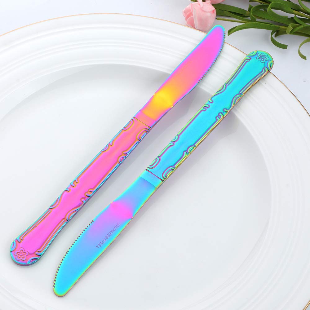 12-Piece Rainbow Stainless Steel Dinner Knives Set - Colorful Titanium Plated Silverware with Flower Edge, 8.6 Inch Multi-Color Flatware for Parties, Weddings & Elegant Dining
