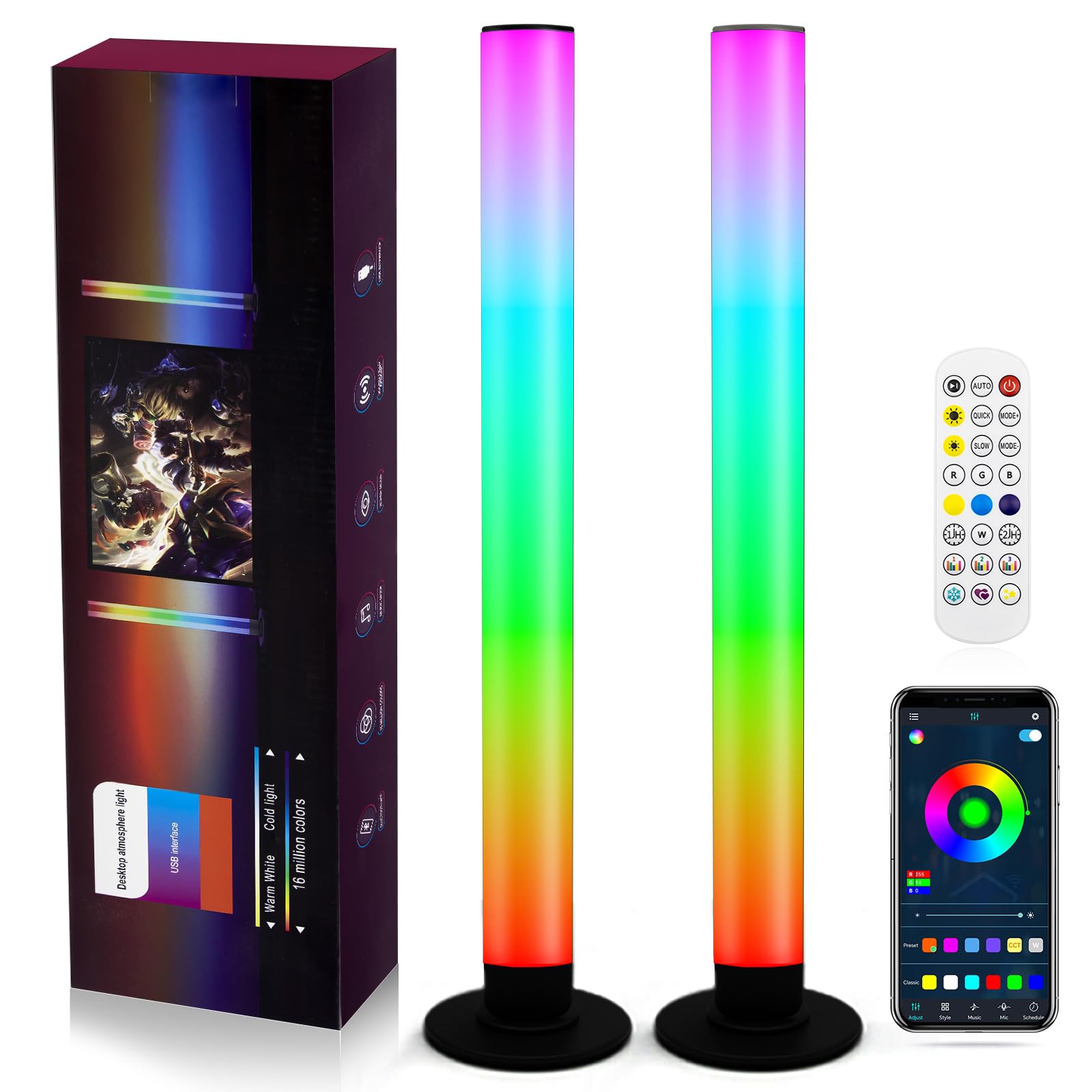 RGB LED Light Bar for Gaming Room & TV Backlight - 8 Scene Modes, 16 Million Colors, Music Sync, 3 Control Ways, 213 Presets - Perfect for PC Setup, Home Theater, and Party Lighting (2 Pack)