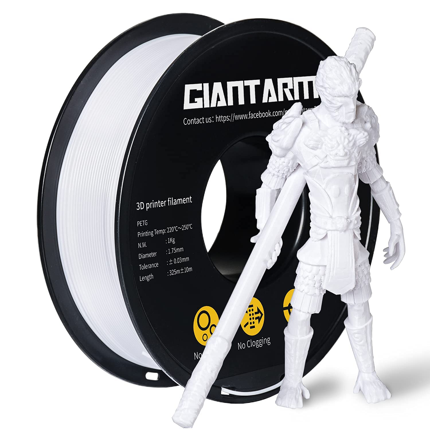 GIANTARM 1.75mm PETG Filament for 3D Printers - 1kg Spool, White | High Precision +/-0.02mm | Ideal for Functional Parts, Cosplay Props & DIY Projects