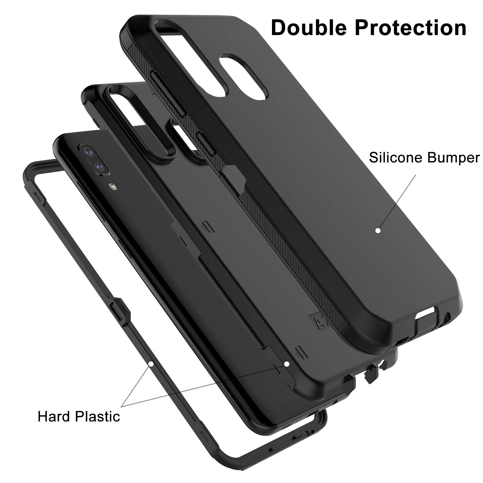 Shockproof Rugged Hybrid Case for Samsung Galaxy A20 A30 A30S A50 A50S - Heavy Duty Armor Hard Plastic with Shock Absorption Rubber Bumper Cover (Black) - Perfect for Outdoor Activities, Work & Daily Protection