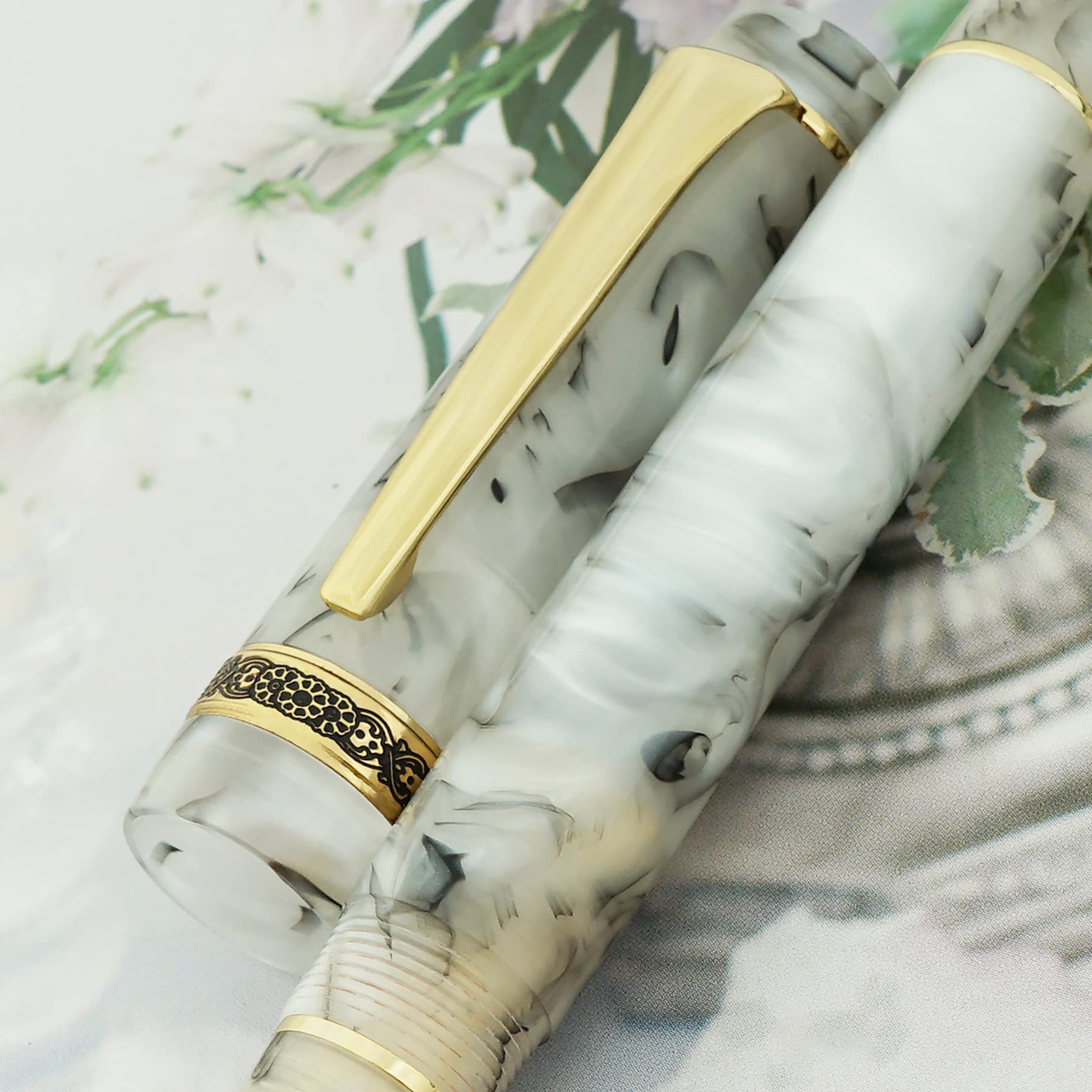 Asvine Kaigelu 316 White Marble Acrylic Fountain Pen with Iridium Medium Nib - Classic Elegant Writing Instrument with Ink Converter for Calligraphy, Journaling & Office Use