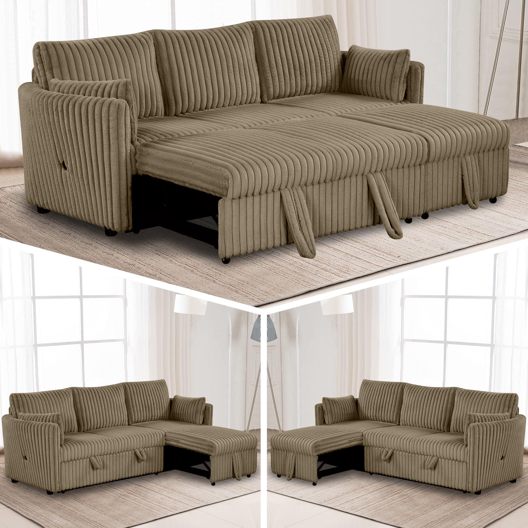 Luxury Brown Faux Fur Oversized Convertible Sectional Sofa - Sleeper Sofa, Daybed & Chair with 2 Pillows & USB Charging Ports - Perfect for Living Room, Home Theater & Guest Room Comfort