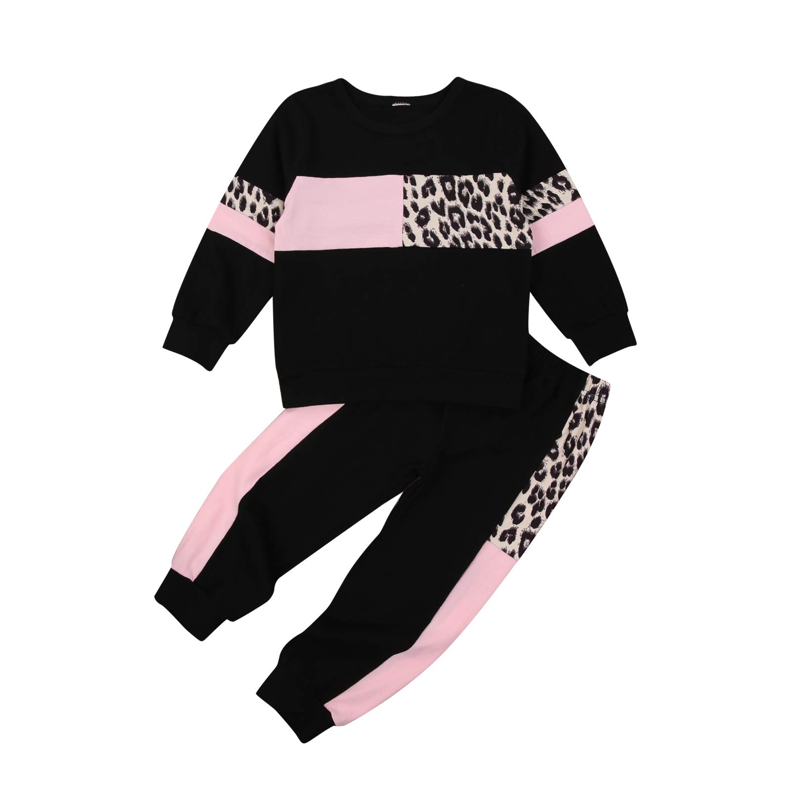 KMBANGI 2-Piece Leopard Print Tracksuit Set for Toddler Girls - Long Sleeve Patchwork Sweatshirt & Casual Jogger Pants | Soft Cotton Outfit for Playdates, Preschool & Family Outings