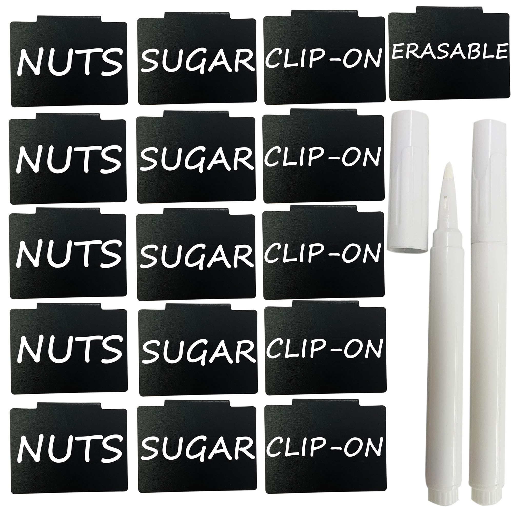 Plastic Basket Bin Labels - Removable Clip on Tags for Storage Bins, Kitchen Pantry, Fabric Closet & Laundry Organization - Includes White Chalk Markers - Perfect for Home, Office & Dorm Room Organization