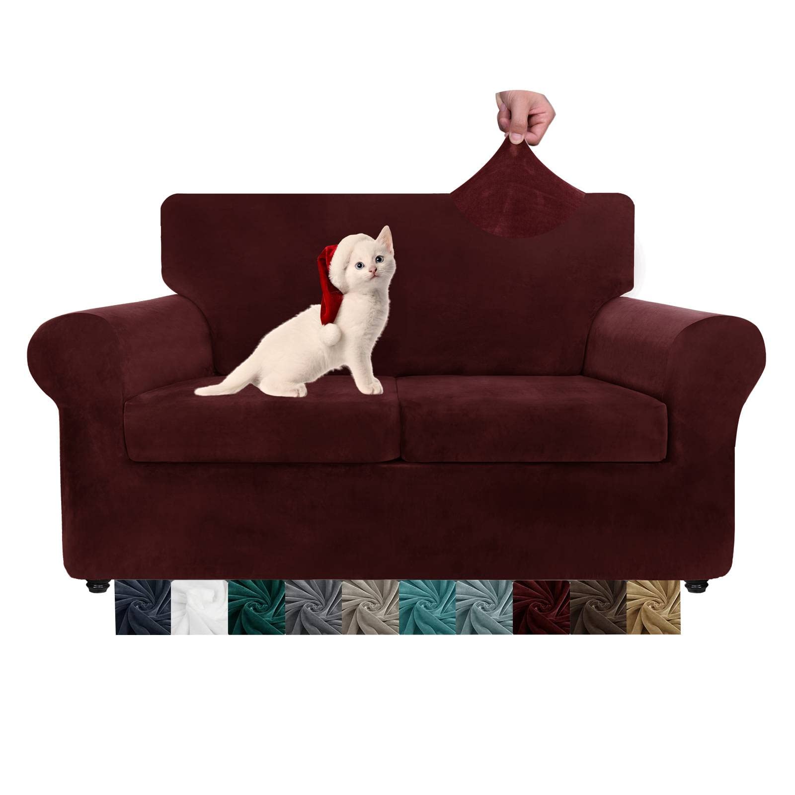 Luxury Velvet Plush 3-Piece Stretch Sofa Slipcover Set - Super Soft Anti-Slip Spandex Couch Cover for 2-Cushion Loveseat - Wine Red Furniture Protector for Living Room, Perfect for Pets & Home Decor