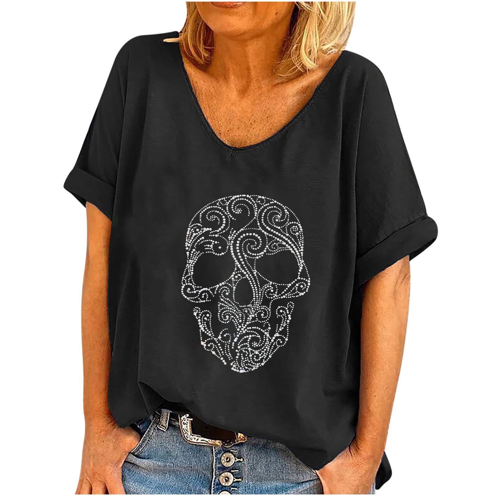 Plus Size Y2K V-Neck T-Shirt for Women - Short Sleeve Graphic Tee with Skull Print | Casual Summer Top for Streetwear, Music Festivals & Everyday Outfits