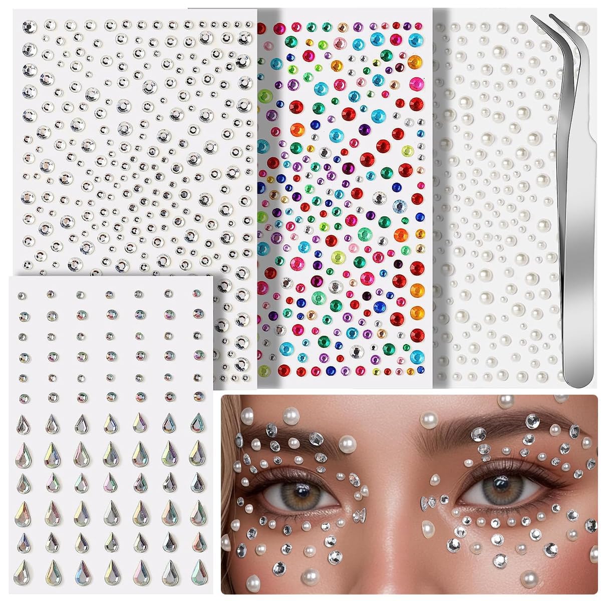 DAZZLIQ 4 Sheets Self-Adhesive Face Gems & Pearl Stickers Kit - Rhinestone Jewels with Tweezer for Festival Makeup, Face Decor, Hair, Nail Art, Body Jewelry | Perfect for Parties, Halloween, Cosplay, Photo Shoots & DIY Crafts