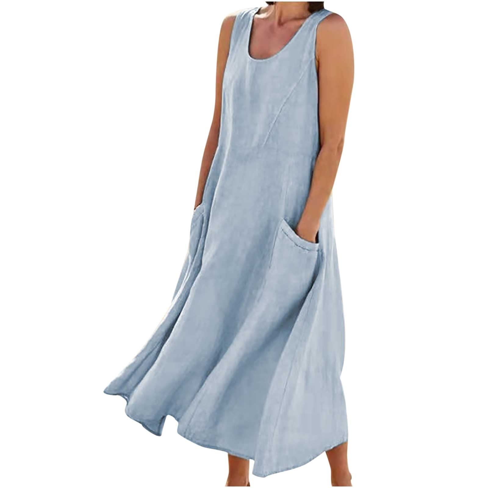 2022 Trendy Women's Summer Dress - Cotton Linen Pocket Tank Sun Dress for Casual Vacation & Beach Wear | Midi Dress for Outdoor, Party & Daily Fashion