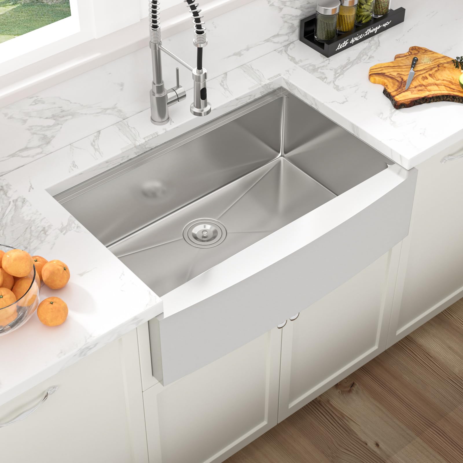 Sarlai 30 Inch Farmhouse Kitchen Sink - 16 Gauge Stainless Steel Single Bowl Apron Front Sink with Ledge Workstation (30