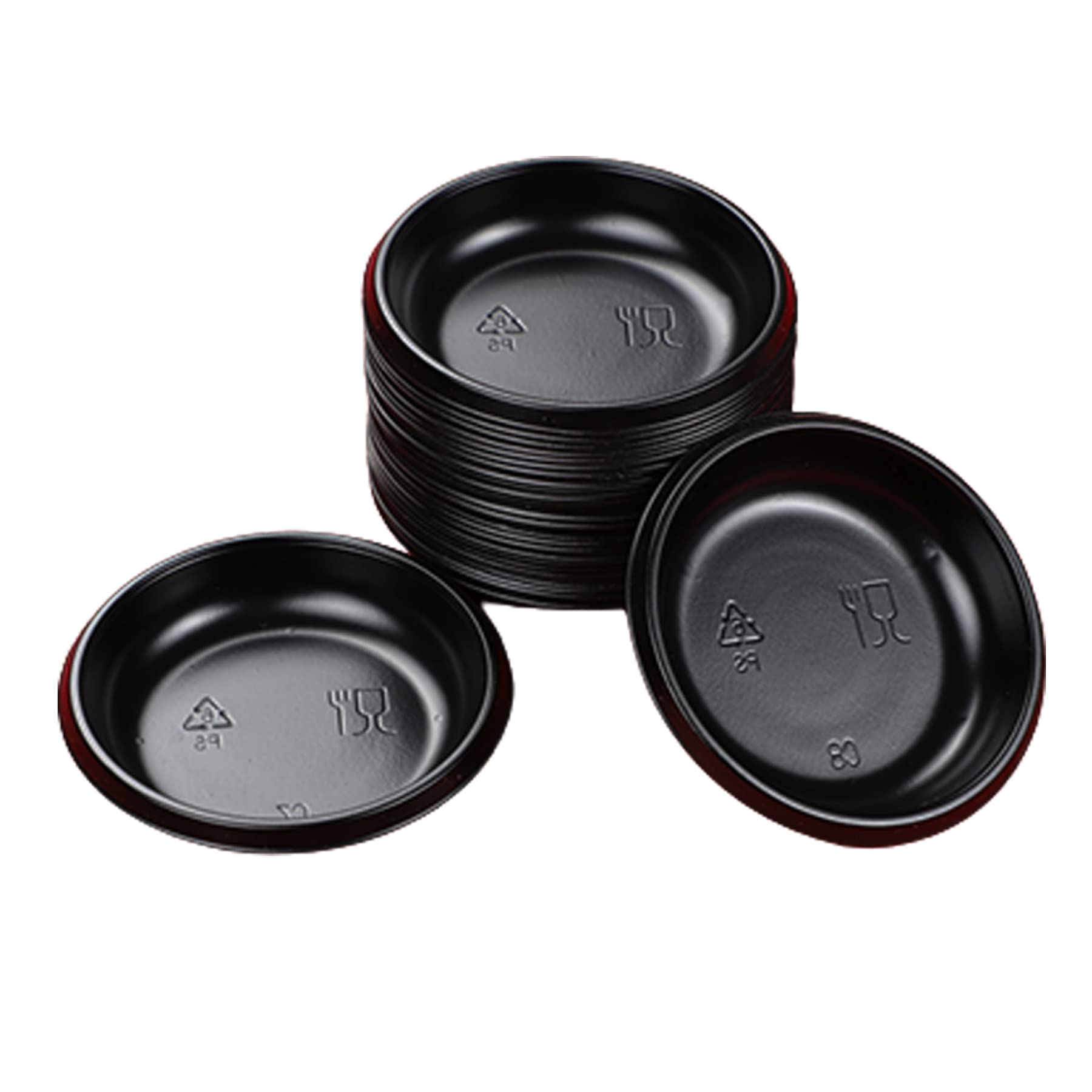 QJFCare 100Pcs Black Round Disposable Sauce Dishes - Mini Dipping Plates for Dessert, Soy Sauce, Soup & Seasoning | Perfect for Home, Restaurants, Parties & Catering Events