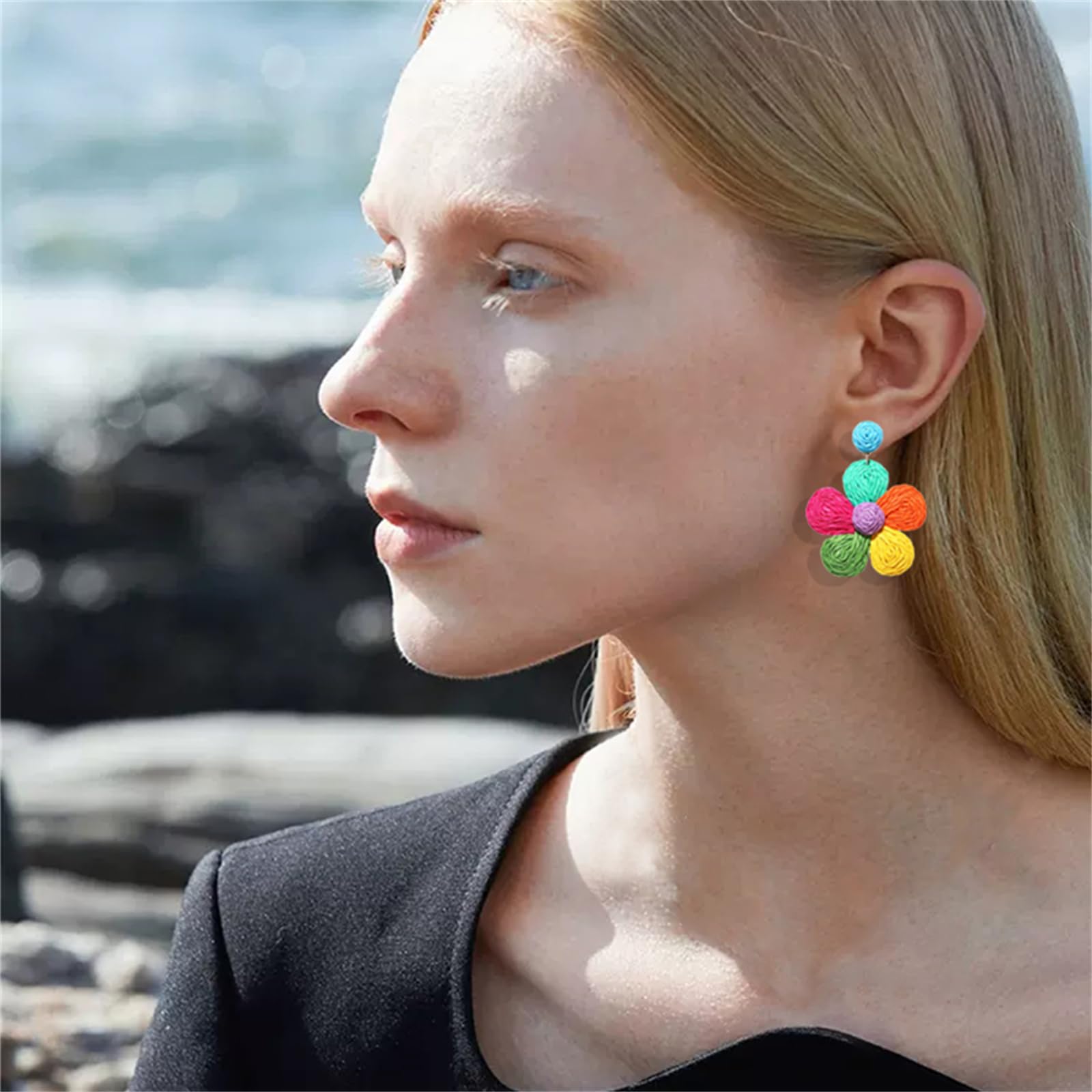 Handmade Bohemian Rattan Flower Dangle Earrings for Women - Colorful Daisy Straw Wrapped Statement Earrings | Perfect for Summer Beach Vacations, Music Festivals & Boho Fashion Outfits