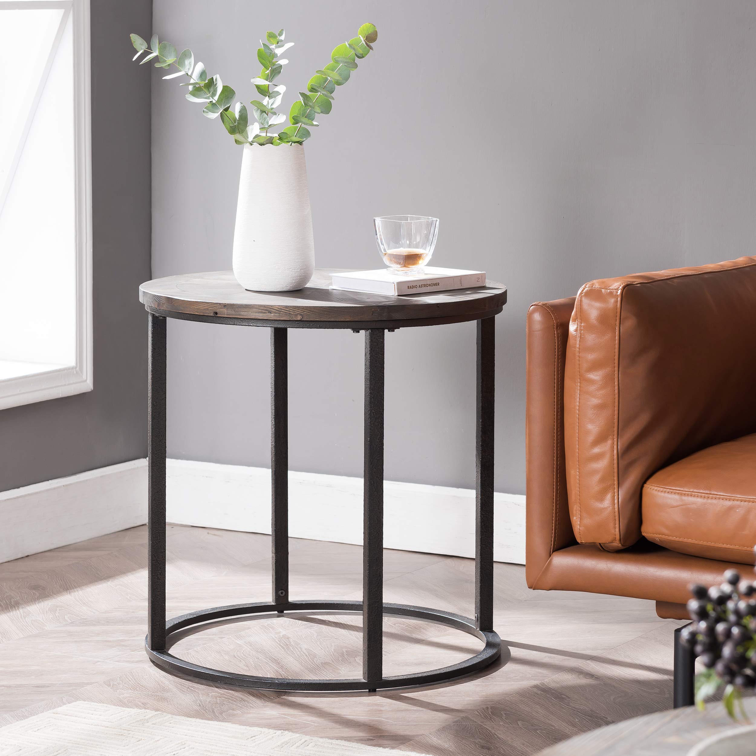 SEI Furniture Landsmill Round Industrial End Table - Natural Wood Finish, Side Table for Living Room, Bedroom, or Office - Perfect for Coffee, Books, and Decor