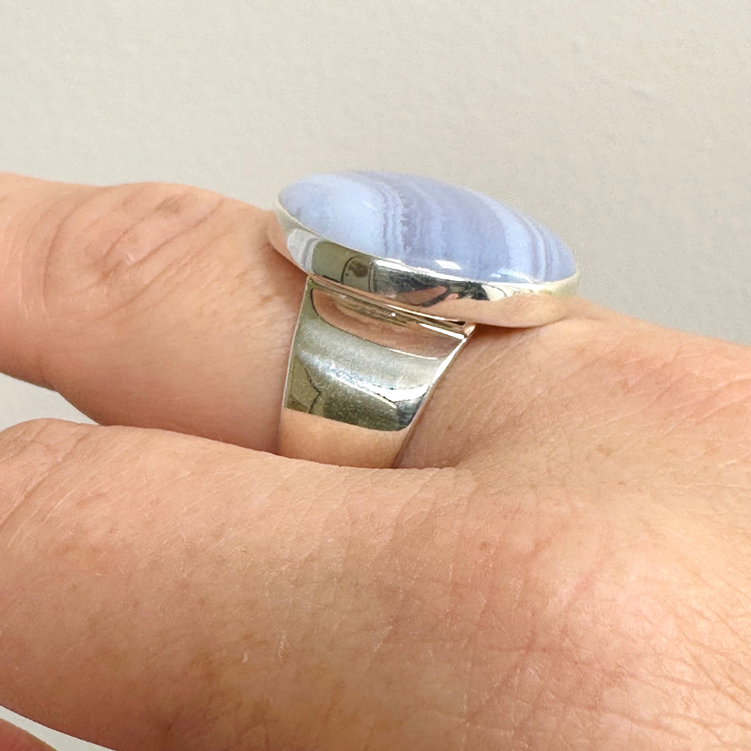 Blue Lace Agate Round Cabochon Ring - Size 11 - KRGJ3371 - Elegant Handmade Jewelry for Women, Perfect for Weddings, Parties & Everyday Wear