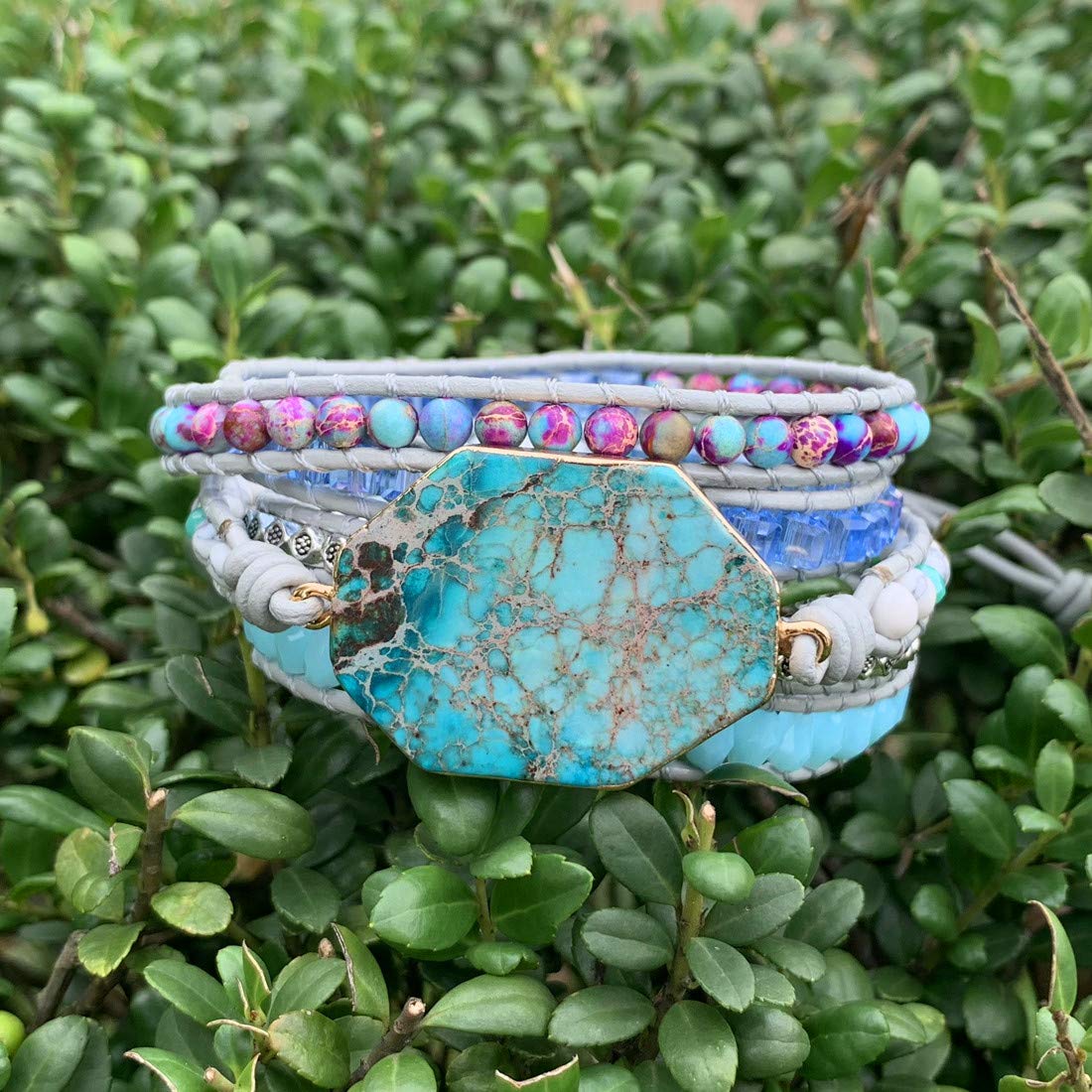YGLINE Handmade Leather 5-Wrap Bracelet with Jasper Beads - Multi-Layer Yoga Bracelet in Mix Colorful Gemstones for Healing & Meditation | Perfect for Yoga Practice, Spiritual Healing & Boho Fashion Accessories