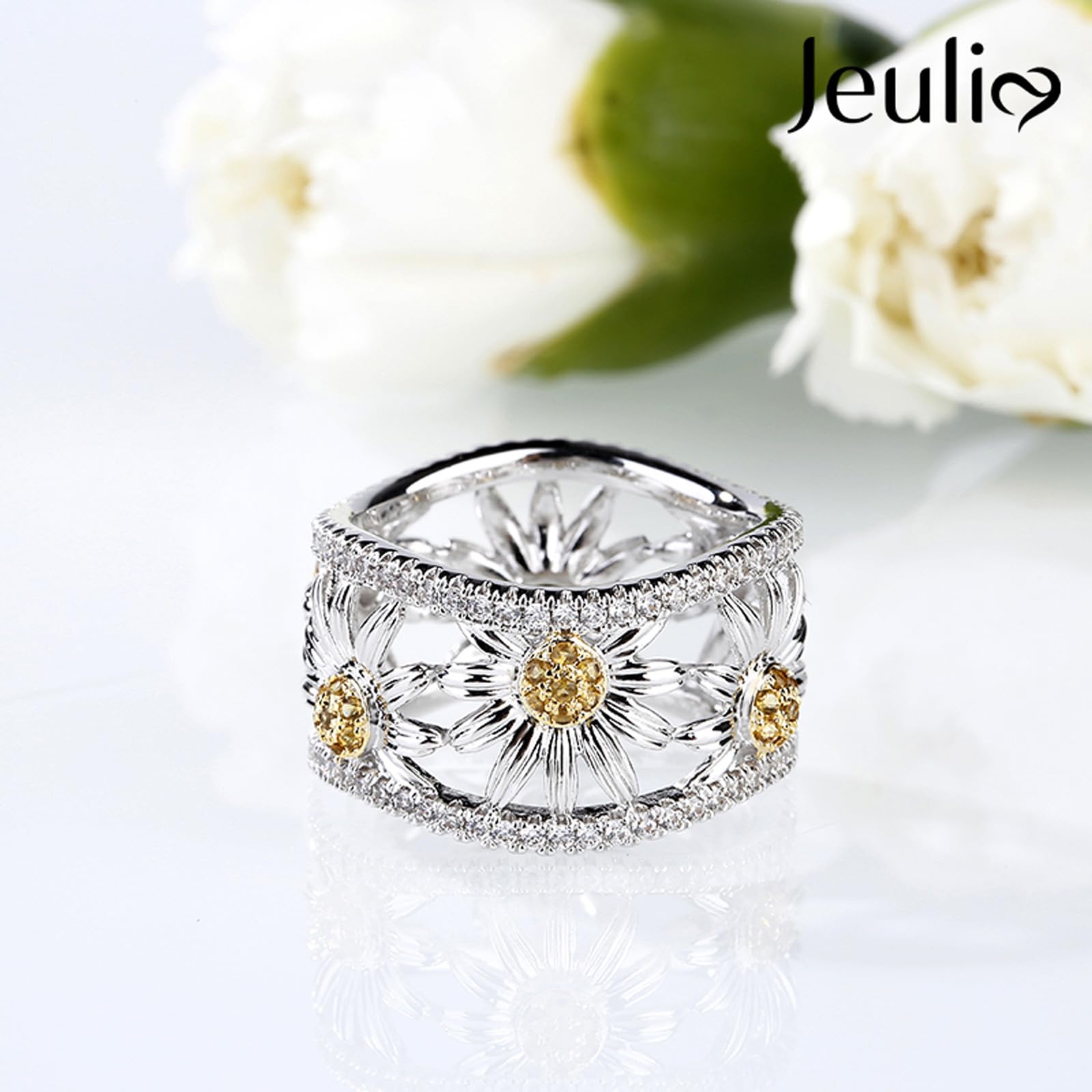 Jeulia Women's Sunflower Band Ring - S925 Sterling Silver Yellow Diamond Hollow Curved Promise Ring for Anniversary, Birthday, Valentine's Day Gift | Perfect for Everyday Wear, Date Night & Special Occasions