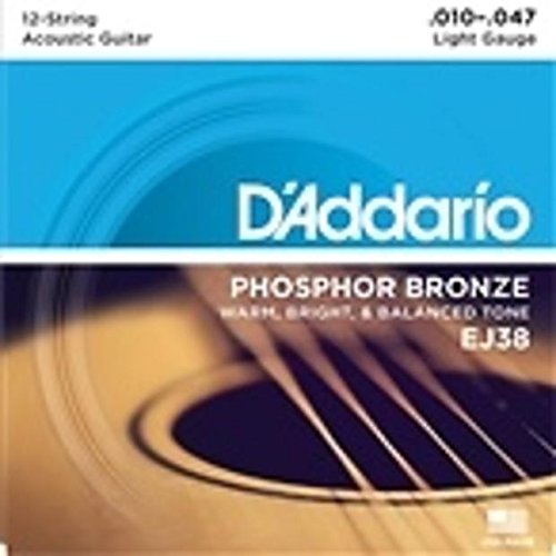 D'Addario EJ38 Phosphor Bronze 12-String Acoustic Guitar Strings 3-Pack - Bright Warm Tone for Folk, Rock & Live Performances