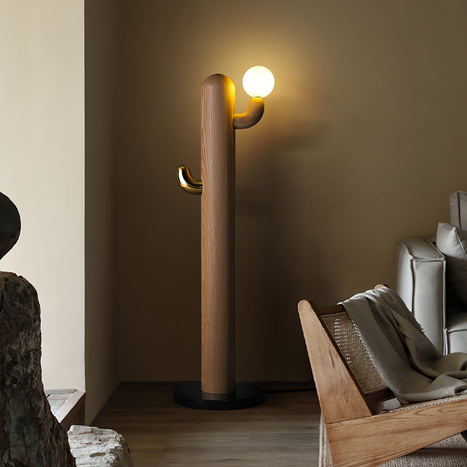 Modern Cactus Wood Floor Lamp - Handcrafted Natural Wood Standing Light for Living Room, Bedroom, or Office - Perfect for Ambient Lighting and Home Decor