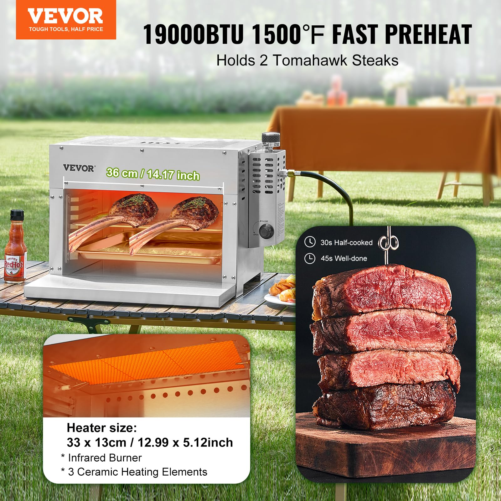 VEVOR 1500°F Portable Propane Steak Grill - 6-Tier Adjustable Stainless Steel Infrared BBQ Cooker for Perfect Steaks, Burgers & Toast | Outdoor Cooking, Backyard Parties & Camping Trips