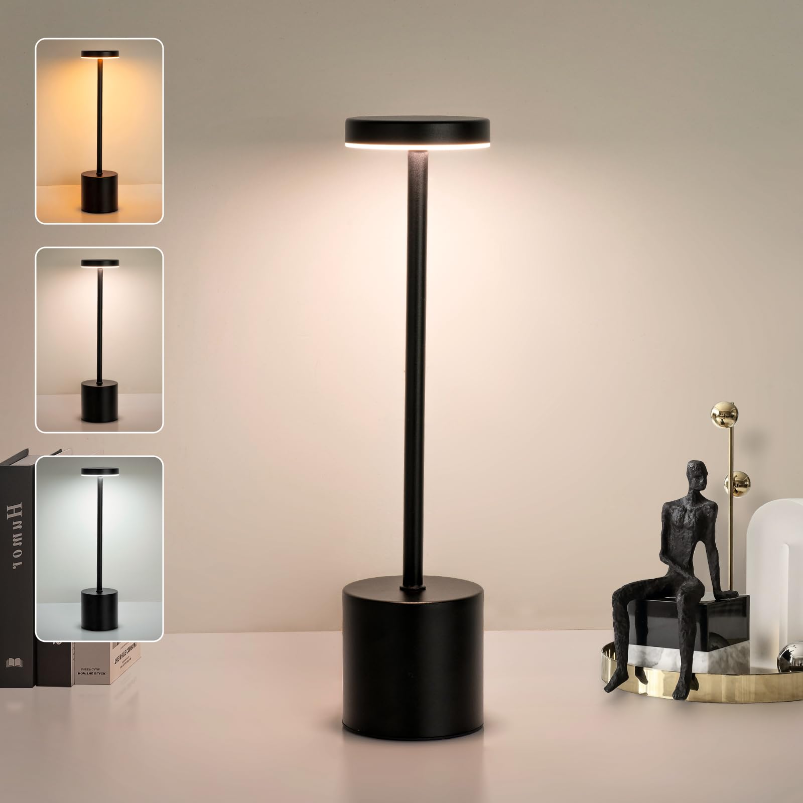 Rechargeable LED Table Lamp with 5200mAh Battery - 3 Color Touch & Stepless Dimming Desk Light, 13.4