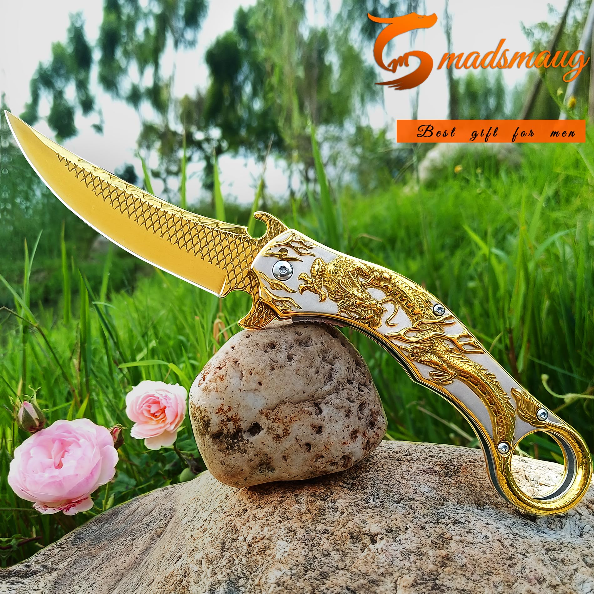 Premium 9Cr18Mo Blade Folding Pocket Knife with Sheath - 3D Dragon Design EDC Knife for Men | Perfect Outdoor Survival, Camping, Hiking & Everyday Carry Tool (Gold)