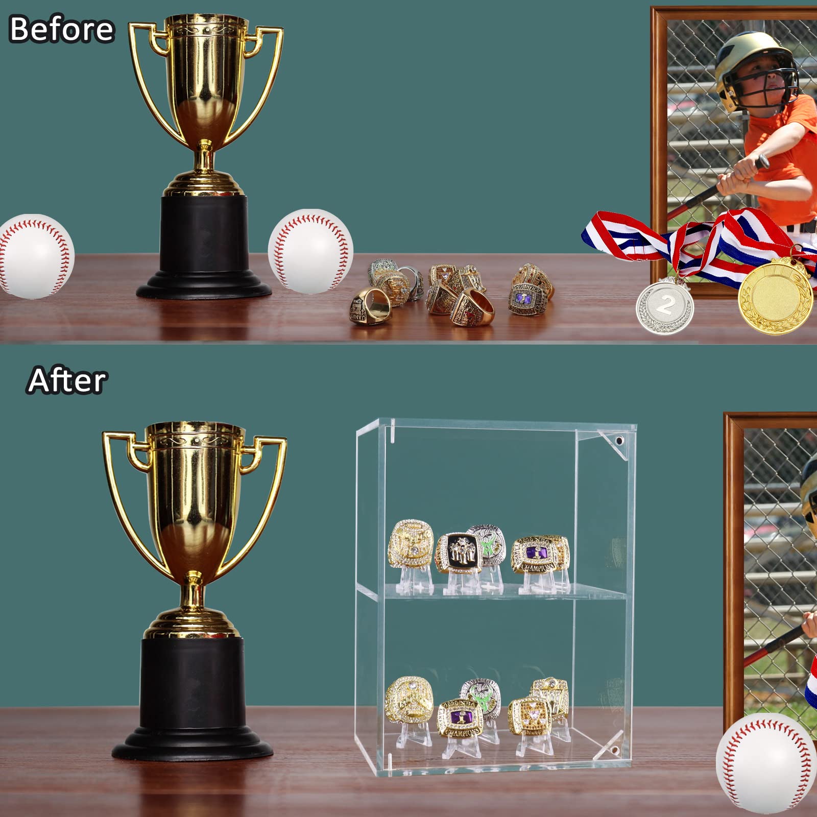 Championship Ring Display Case - Large Acrylic Baseball & Softball Ring Holder Box with 10 Fixed Stands - Perfect for Football, Sports, Cheerleading & Replica Rings - Ideal for Trophy Rooms, Sports Memorabilia Displays & Collector Showcases