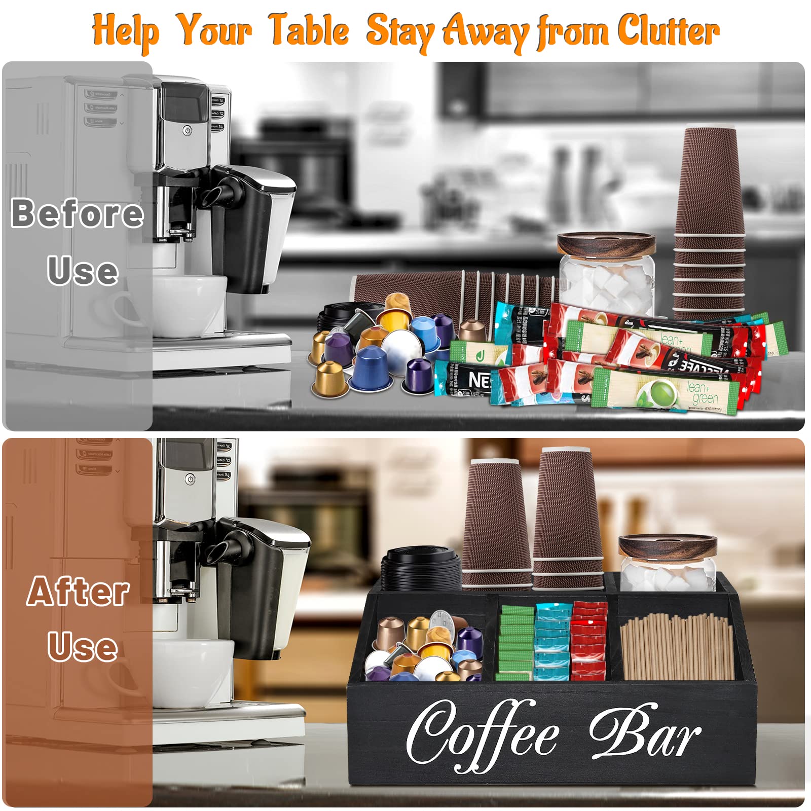 Wooden Coffee Station Organizer - Countertop Pods Holder & Tea Condiment Storage Basket - Coffee Bar Decor for Accessories - Perfect for Kitchen Counter & Home Coffee Bar Setup
