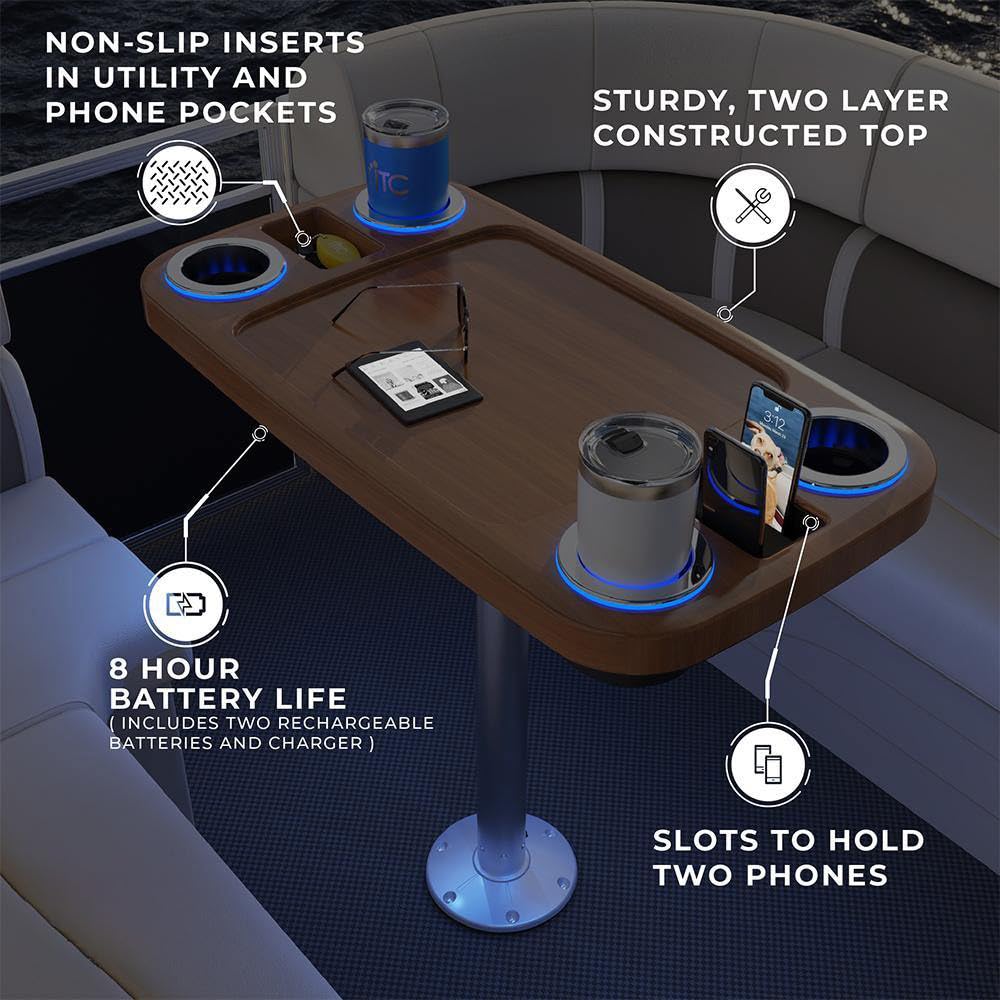 ITC Lit Marine Boat Table Leg Set - Pontoon Accessories with Blue LED Drink Holder for Boating & Outdoor Parties