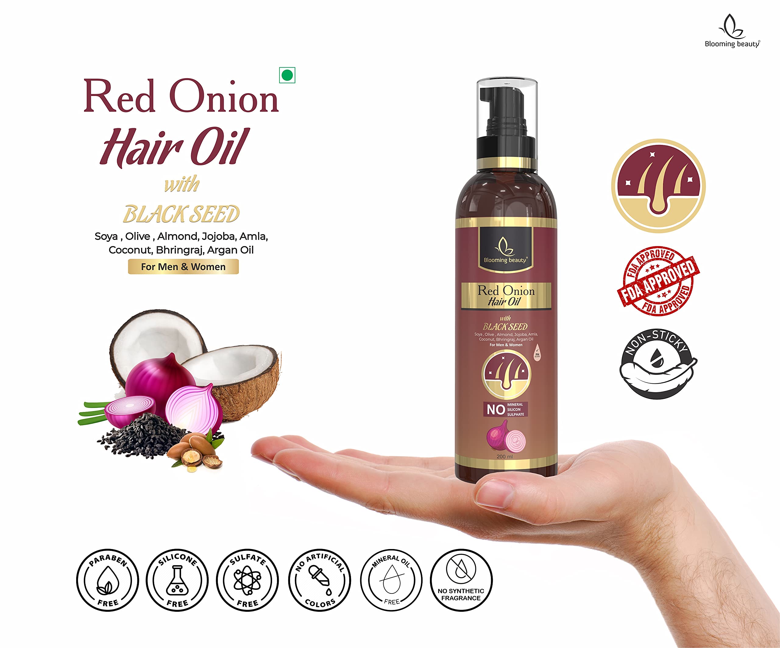 Blooming Beauty Red Onion Hair Growth Oil with Black Seed, Aloe Vera, Neem Leaf & Green Tea - 16 Natural Extracts for Thicker Hair & Hair Loss Prevention (200ml) - Perfect for Daily Scalp Massage & Damaged Hair Repair