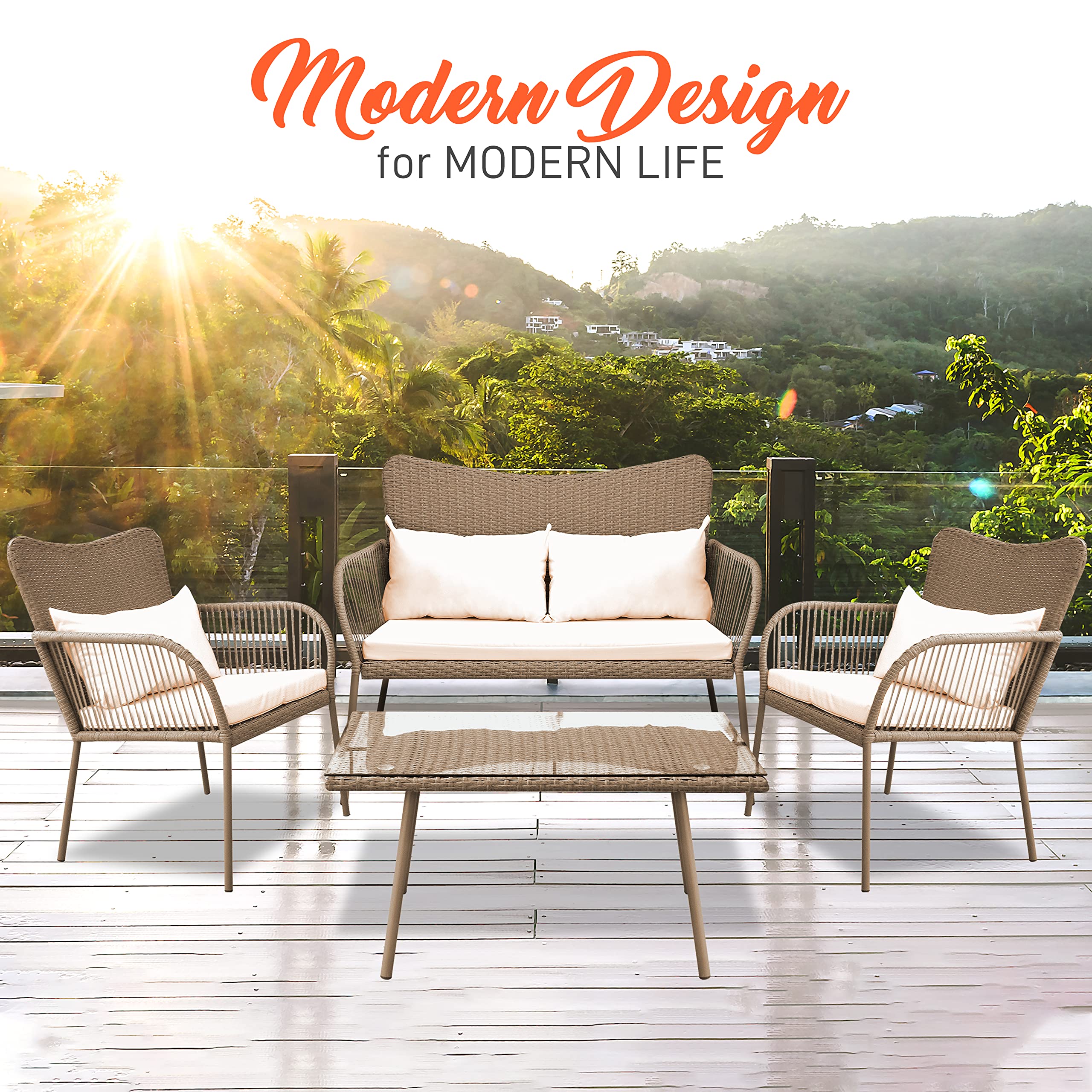 SereneLife 4-Piece Outdoor Rattan Patio Furniture Set with Cushions - 1 Double Sofa, 2 Single Chairs & Glass-Top Coffee Table (Beige) - Perfect for Garden, Poolside, and Backyard Relaxation