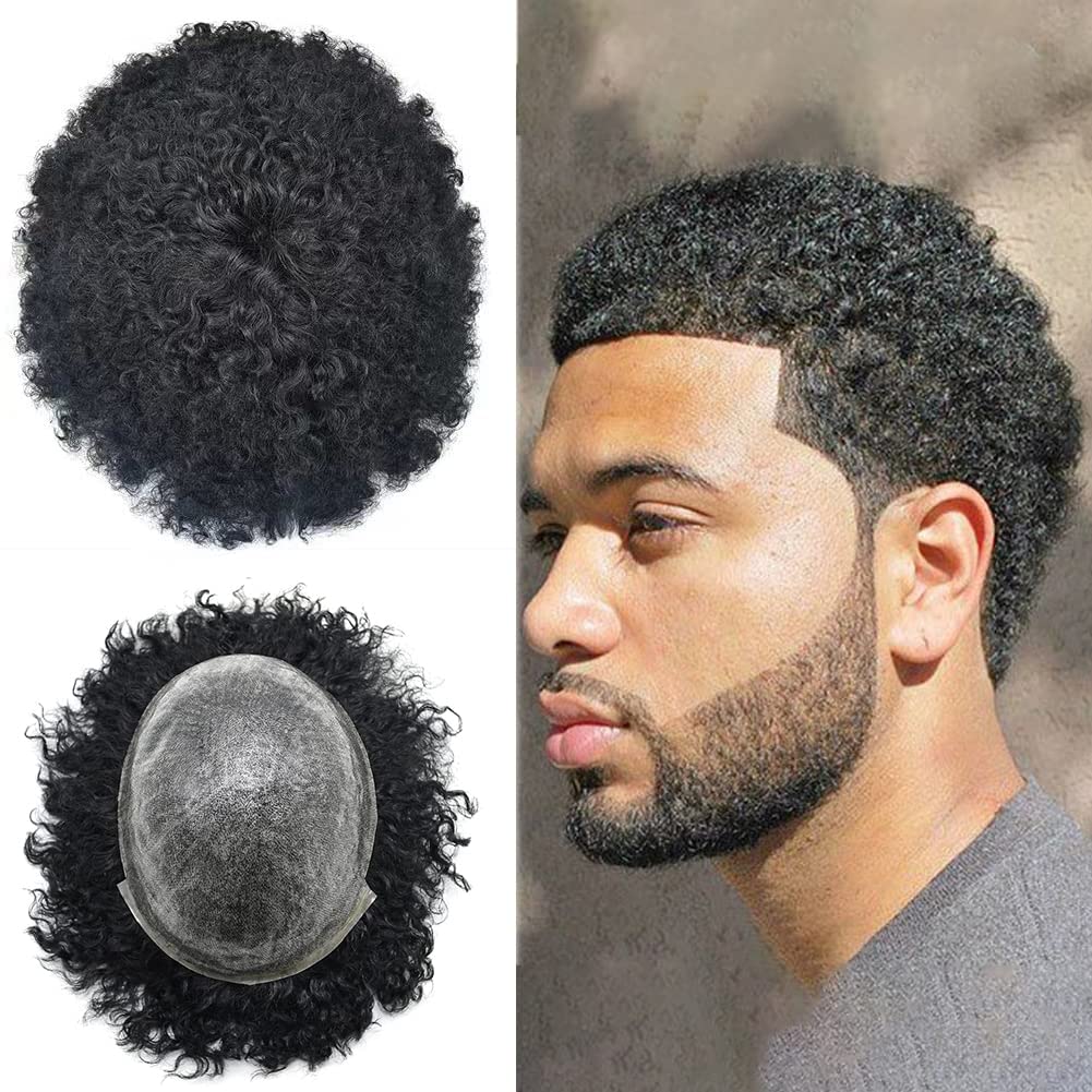 100% Human Hair Afro Toupee for Black Men | Kinky Curly Man Weave Hair Unit | African American Hair System (AFRO-PU 8''x10'', Jet Black #1, 10mm Wave) - Perfect for Daily Wear, Special Occasions & Hair Loss Solutions
