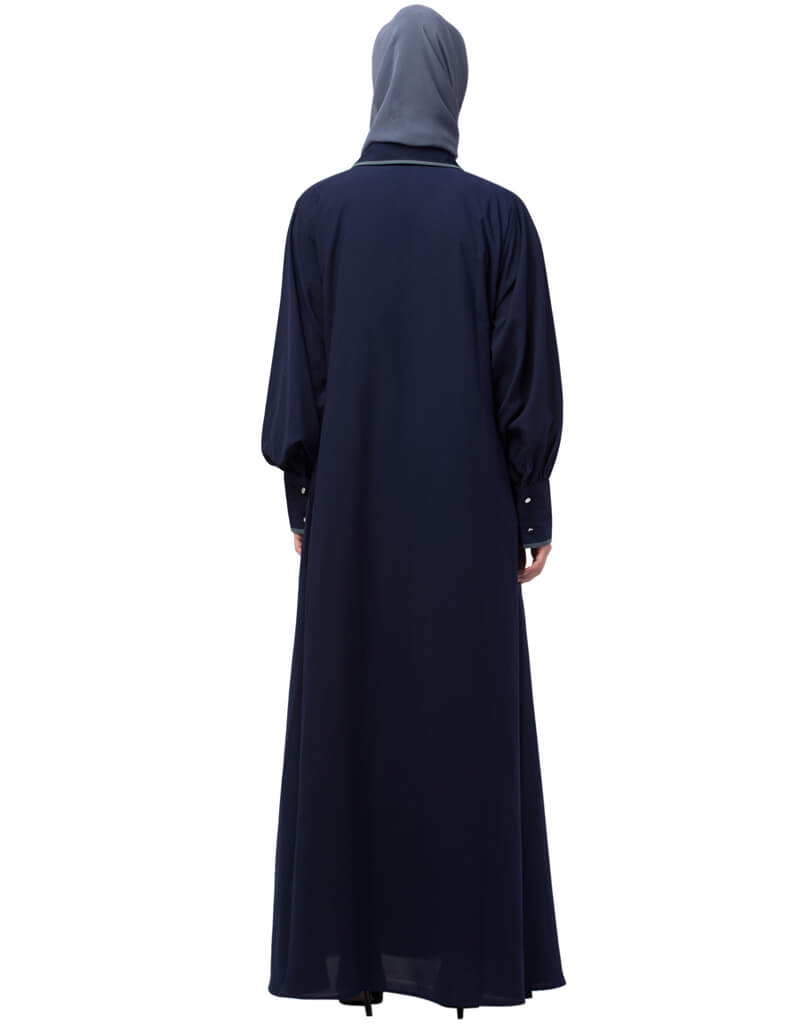 Elegant Navy Blue Arabic Long Cuff Abaya with Executive Collar - Perfect for Office Wear, Formal Events & Islamic Modest Fashion